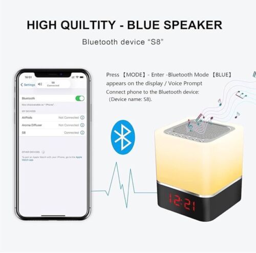 Night Light Alarm Clock Bluetooth Speaker, Multi-color Lighting Touch Sensor - Picture 3 of 7