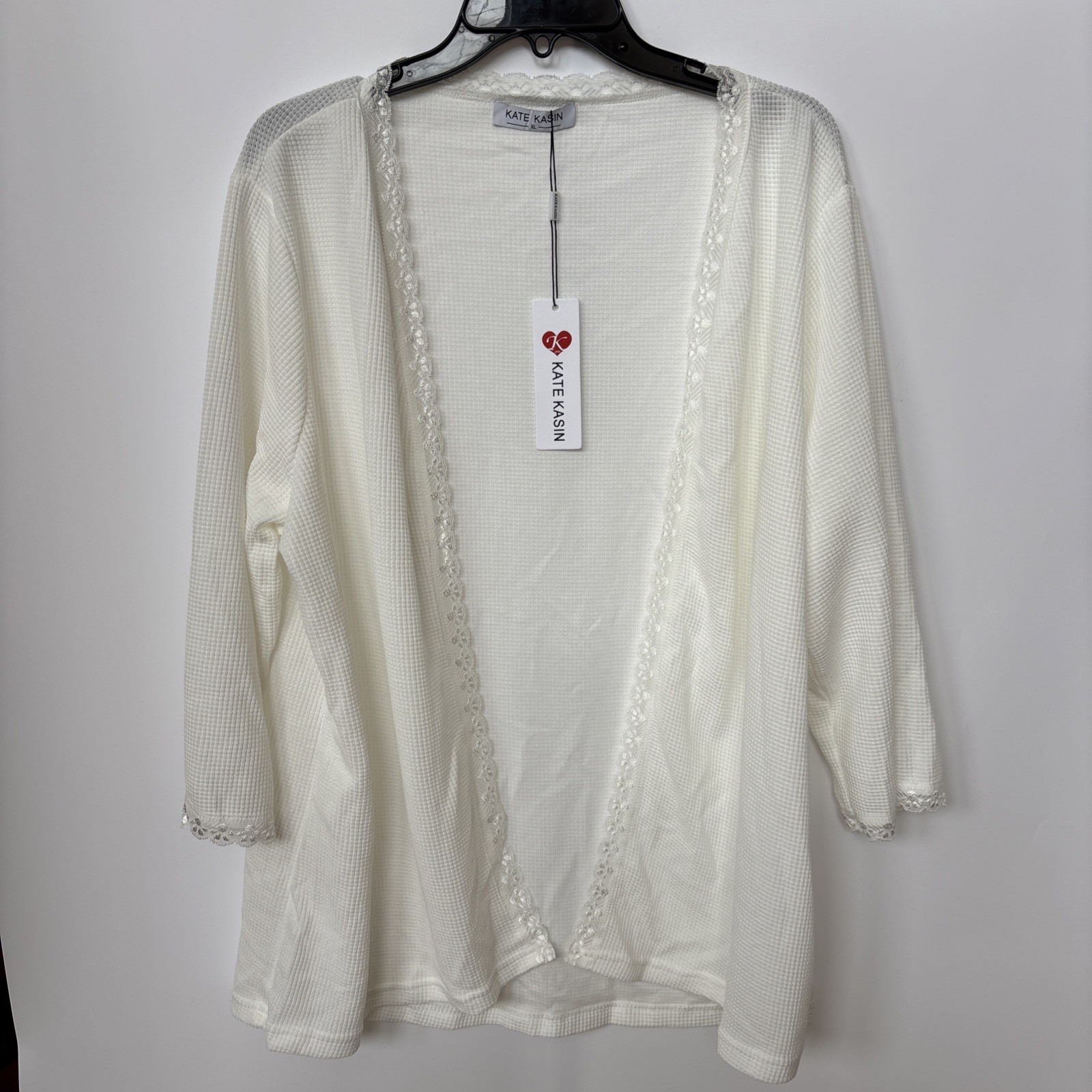 Kate Kassin Women's Waffle Knit 3/4 Sleeve Cardigan, Cream, XL