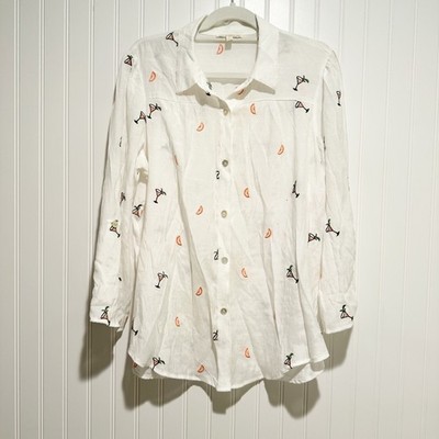 Fig Flower Orange Campari Spritz Embroidery Blouse Size Medium 