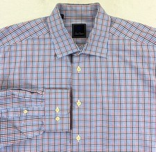 David Donahue Men's Button Front Cotton Blue Red Check Dress Shirt 17 32/33