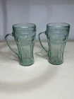 Set Of Two Vintage Coca Cola Green Libby Glass Thick Heavy Mugs With Handles