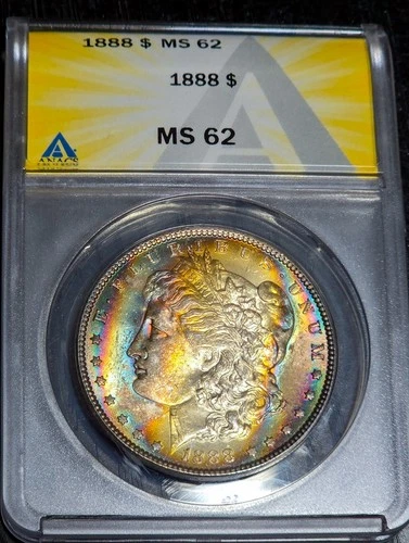 1888 Morgan Silver Dollar ANACS MS62 Rare Rainbow Cats Eye Toned Coin Neon Color