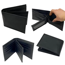Bifold Black Leather Wallet - RFID Card Holder, ID Slot & Money Pocket