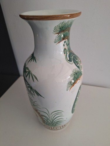 VASE Chinois en porcelaine décor polychrome d’animal paons et de végétaux bambou - Photo 8 sur 10