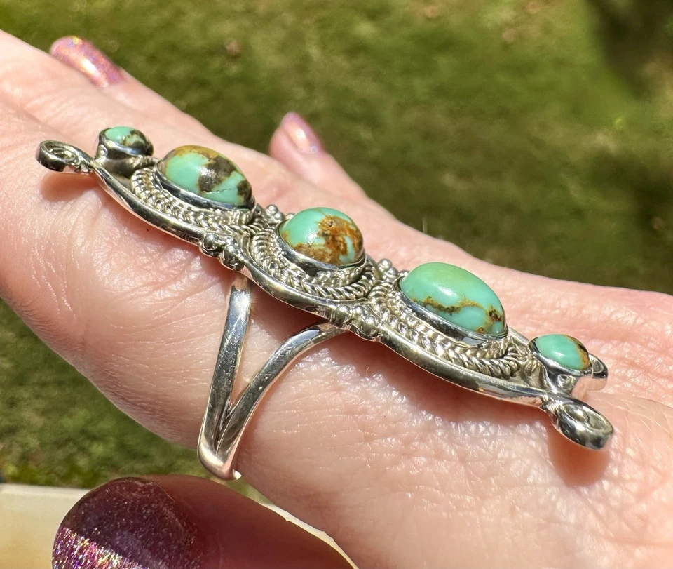 Anillo contemporáneo alargado de plata de ley y turquesa talla 6 Foto 2 de 4