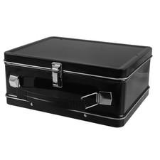 Estuche de almacenamiento de metal negro con cerradura incorporada y tapa abatible para objetos de valor seguros