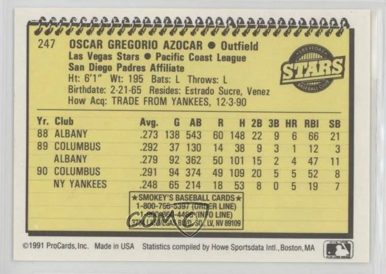 1991 ProCards Minor League Oscar Azocar #247 Rookie RC - Image 2 of 2