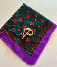 Vtg 1960  s Purple Paisley Print Scarf 27  Square Fringe Boho Vtg Gold Scarf Clip