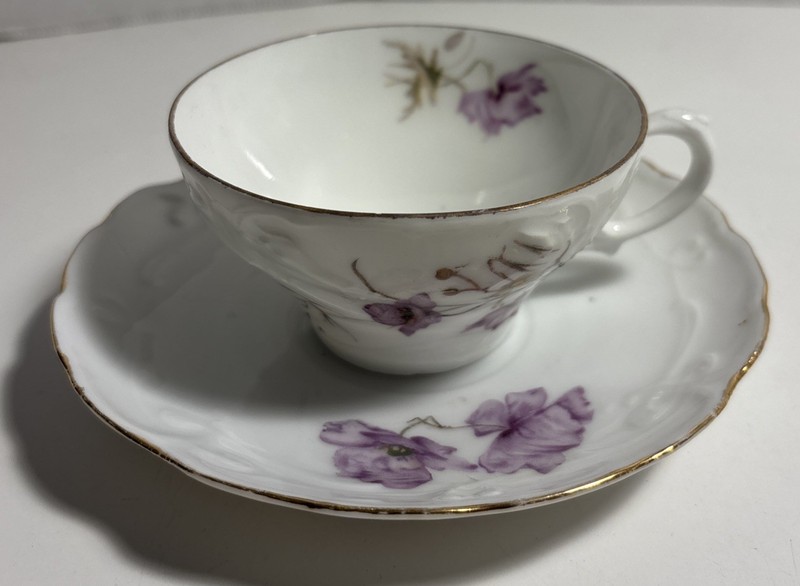 Antique B. R. C. Viola Germany Coffee Tea Cup & Saucer Textured & Purple Flowers