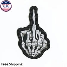 Middle Finger Skull Bone Skeleton Hand Embroidered Iron-On/Sew-On Patch Rock DIY