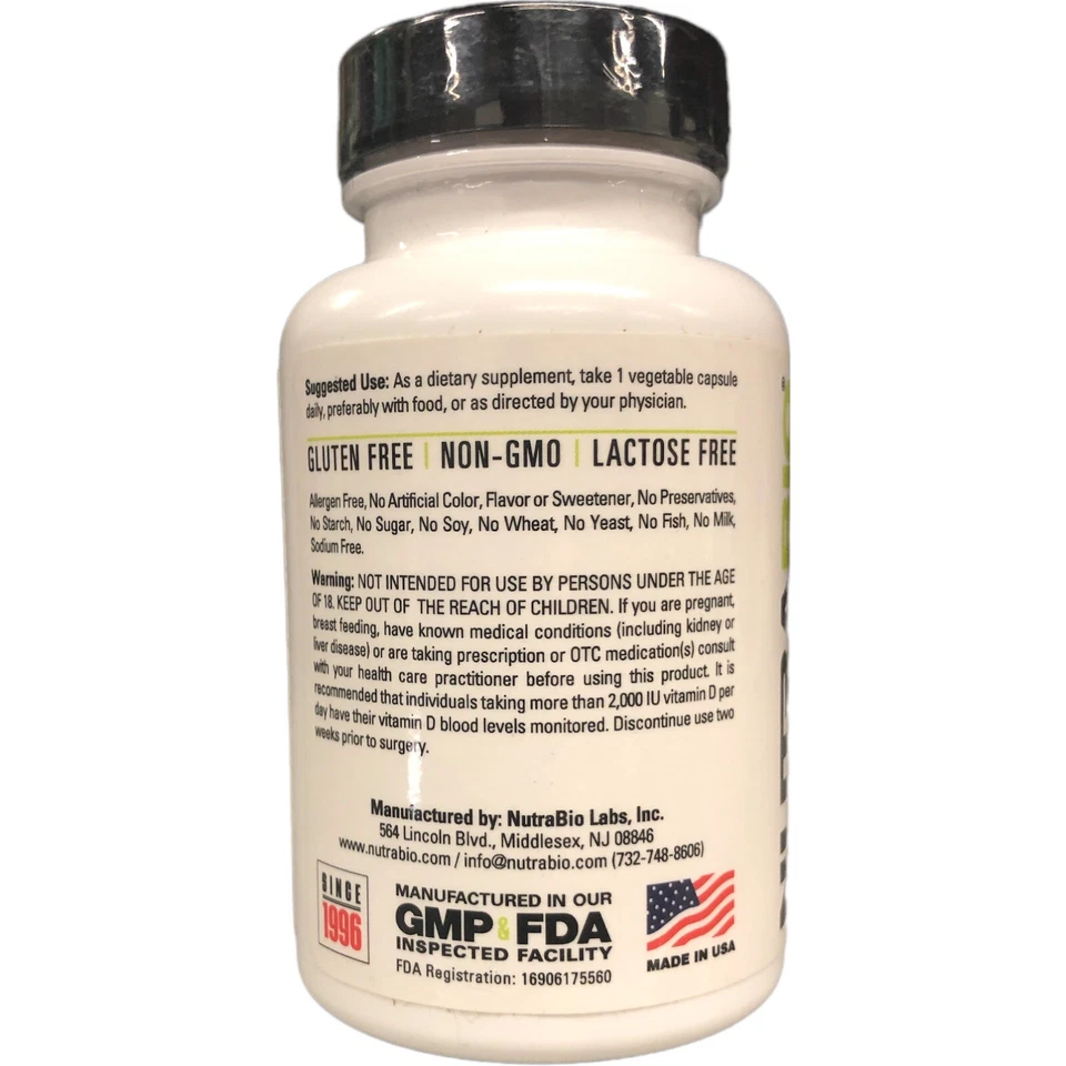 NutraBio Vitamina D (2000 UI), Apoyo Inmunológico - 120 Cápsulas Vegetales, 60 Gramos Foto 3 de 3