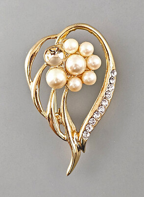 A-9325197 Modeschmuck-Brosche Vintage Rhinestones Pearls Gold Plated
