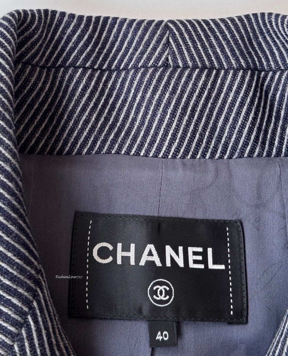NEW $6550 CHANEL 18A HAMBURG GRAY NAVY BLUE WOOL DRILL RUNWAY