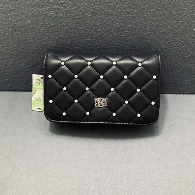 BADGLEY MISCHKA Crossbody Diamond Quilted Pearl Studs Silver Chain Black NWT