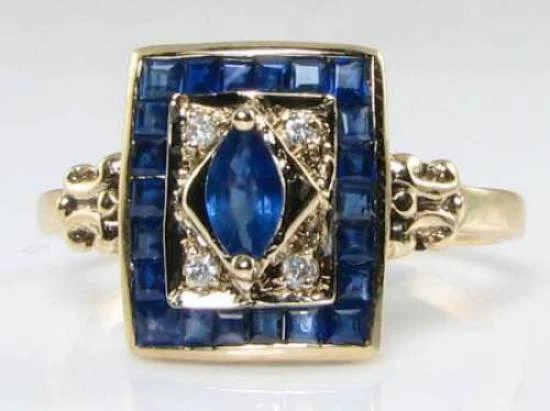 9K 9CT GOLD BLUE SAPPHIRE DIAMOND CLUSTER ART DECO INS RING FREE RESIZE - Image 4 of 4