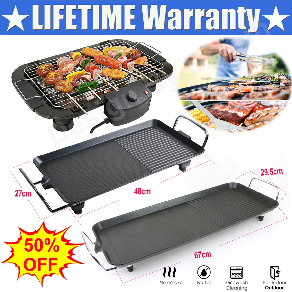 Electric Table Top Grill Griddle BBQ Hot Plate Camping Cooking Cast Iron Pan New