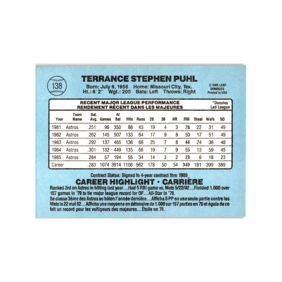 Terry Puhl 1986 Leaf #138 Houston Astros Baseball Card NM - Image 2 of 3