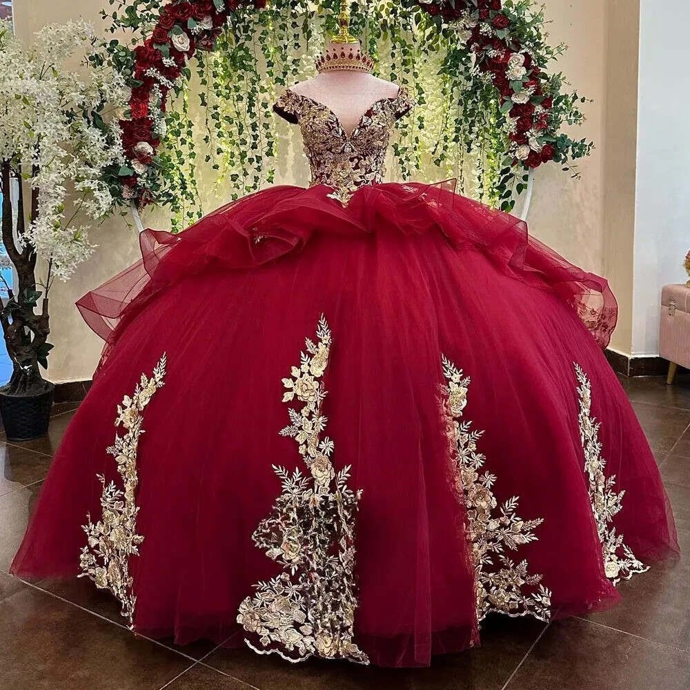 fitted lace wedding dress Vintage Gold Prom Dresses Red Floral Lace Quinceañera Dress 66704 vini –  Viniodress