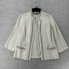 Chicos 100 Linen Jacket Womens 0 SMALL Open 3/4 Sleeve Pockets Collarless