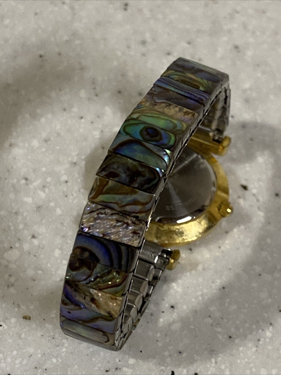 Vtg LA Express Watch Women 24mm Gold Tone Abalone Stretch  display picture 3