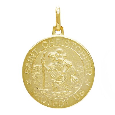 Italian 14k Yellow Gold Saint Christopher Protect Us Charm Pendant 1.2'' 4.4grams