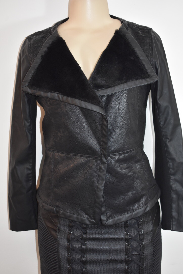  CALVIN KLEIN BLACK LEATHER SHEARLING JACKET SIZE XSMALL ON SALE