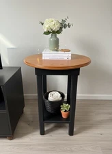 Refinished Solid Wood Round Accent Side Table Black Base Natural Wood Top 24”