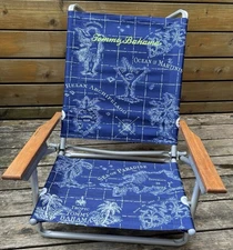 Tommy Bahama Adjustable Beach Chair Blue Map Print Folding Aluminum Wood Arms