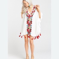 Show Me Your MuMu Jaden Tunic Caftan White swim Cover-Up with Red tassels $139