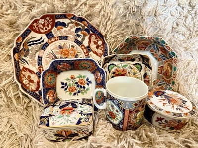 collection of Japanese Imari porcelain dishes, serving bowls, and a mug.set of 7