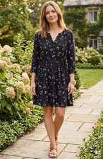 LOFT Women’s Black Floral Shift Short Dress S V-Neck Long Sleeve Button