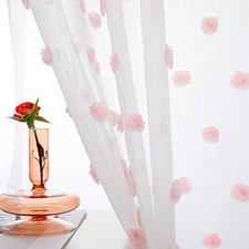 Pom Pom Sheer Curtains for Girls Bedroom 52"W x 84"L Pack of 2 Pink Pom Pom