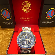 AJJ Men's Quartz 45mm Blue Dial Chronograph Date Tachymeter Watch w/ Box
