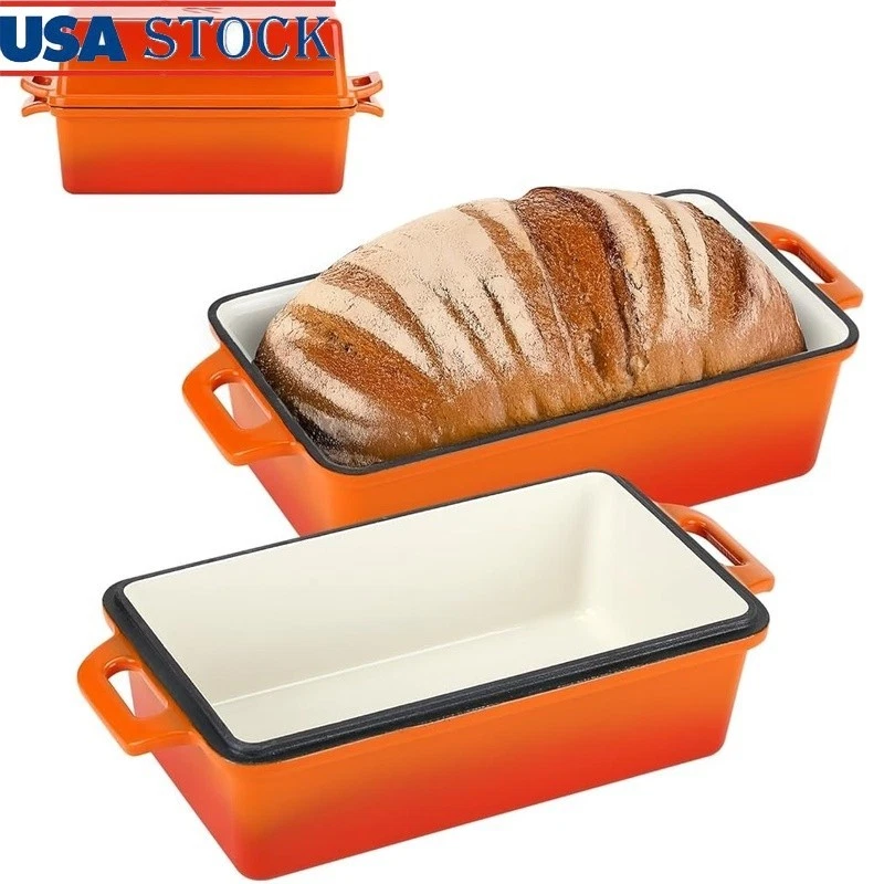 Cast Iron Bread Loaf Pan Set Enameled Oven Safe Nonstick Bakeware Durable 2Piece