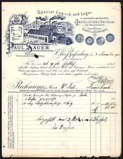 Rechnung Ober-Reifenberg 1902, Paul Sauer, Fabrik für Installationsartikel für  