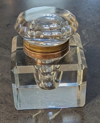 Antique Heavy Faceted Crystal Cut Glass Inkwell with Lid & Brass Hinge