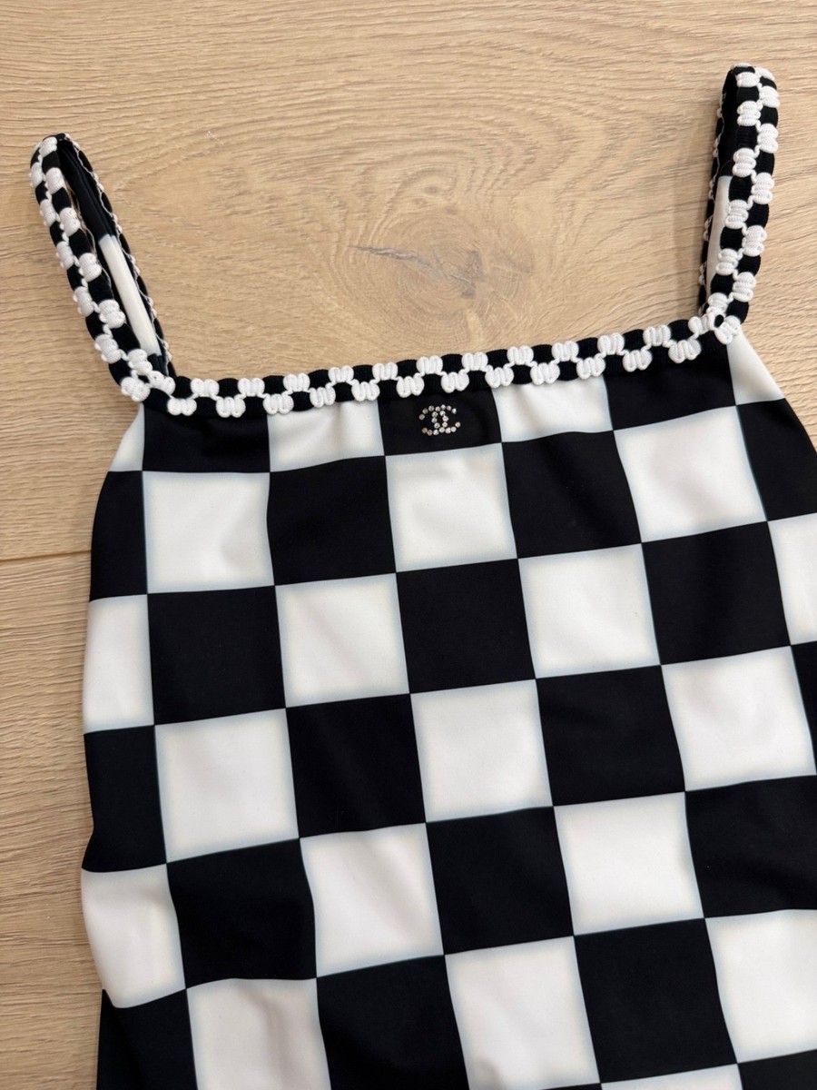 Chanel 23C Black White Checker Crystal CC Logo One Piece Swimsuit