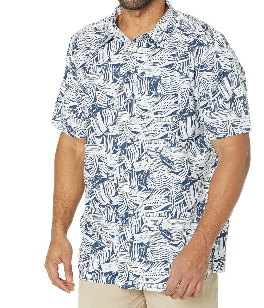 Columbia PFG Fishing Shirt Men XL White Blue Camp Short Sleeve Vented Omni Shade