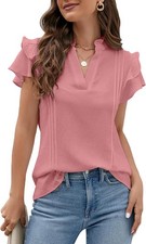 Womens Dressy Casual Tops Ruffle Short Sleeve V Neck Shirts