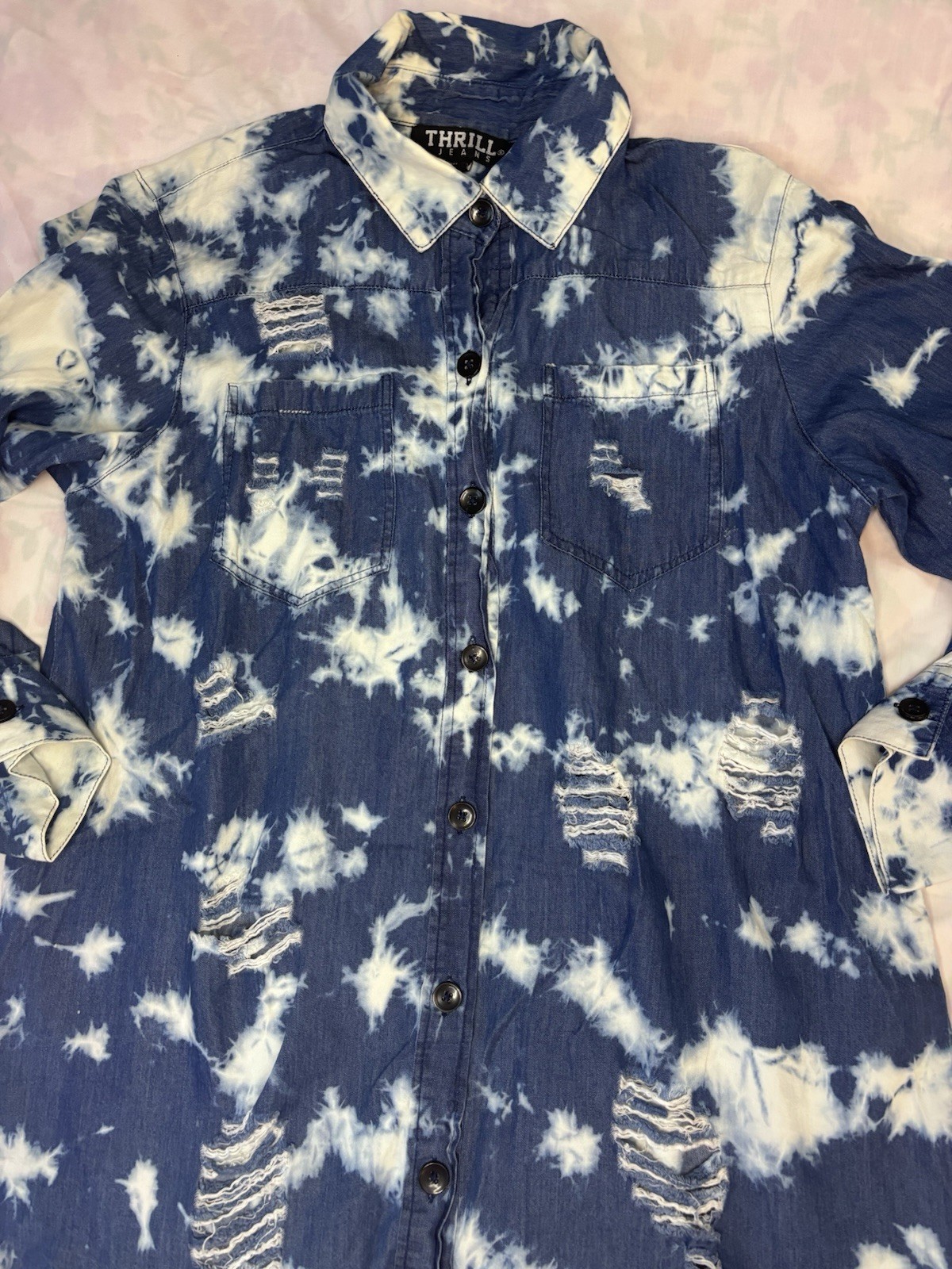 Thrill Distressed Bleached Denim Button Down Top-… - image 2