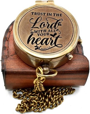 Trust in the Lord Compass Gift Proverbs 3:5 Engraved Antique Brass Pocket Com...