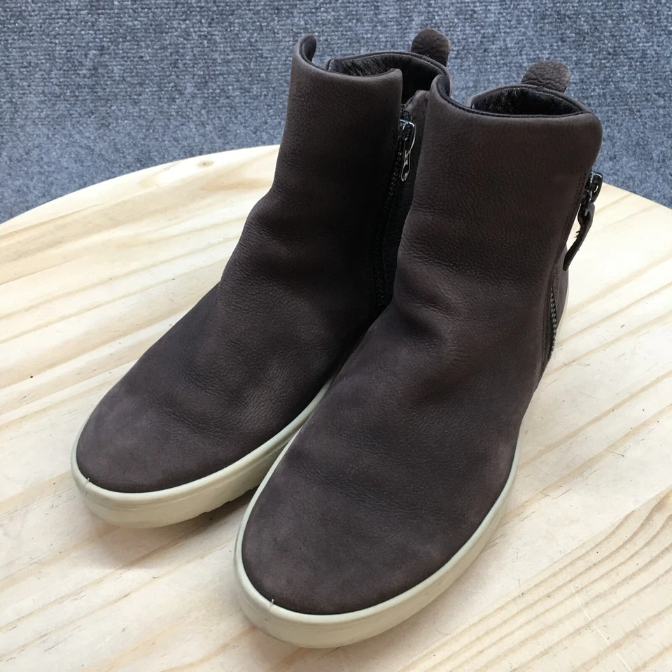 Ecco Zapatos Mujer 7 Botín Tenis Parte Superior Alta Cuero Marrón Doble Cremallera Foto 3 de 4