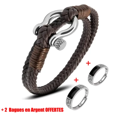 Bracelet Cuir Tressé Lanière Gourmette Fermoir Acier Metal Bijoux CADEAU Homme - Photo 1/4