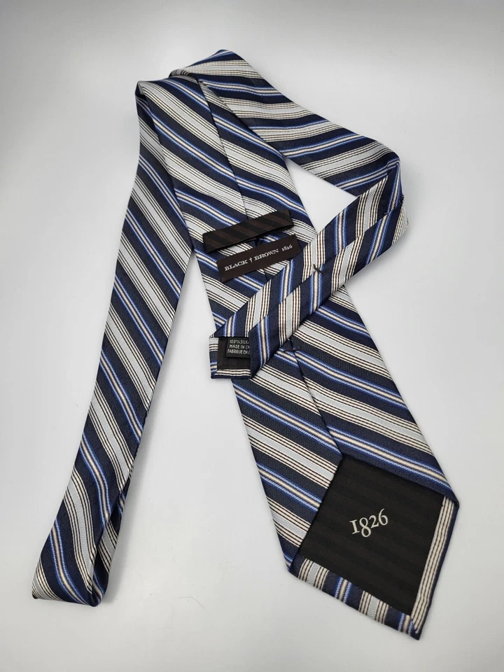Black & Brown 1826 Silk Tie Gray Blue Black Stripes Men Necktie 59 x 3.5 - Image 4 of 4