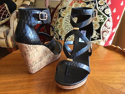 Steve Madden CORK WEDGE PLATFORM Sandals SNAKE Print GLADIATOR Black 7M 