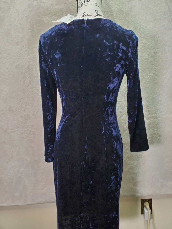 Платье-футляр женское DKNY 4 синее бархатное с длинным рукавом асимметричный вырез сзади молния - Изображение 2 из 4