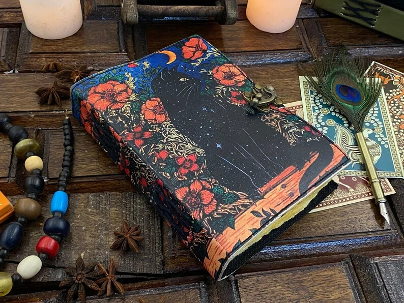 Celtic Cat Grimoire Leather Spell Book Witchcraft Journal Notebook  