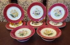 Rare English Porcelain Hand Painted Botanical Set of 12 Desert Plate & 2 Compote