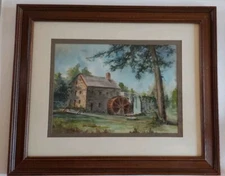 Wood Framed Watercolor Art Old Water Mill Farmhouse Signed Matted 23.25 x19.5