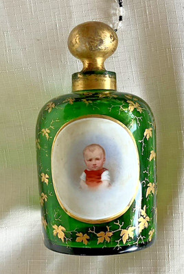 Antique Gilt Green Glass Scent Barber Bottle Portrait Painted Baby Boy